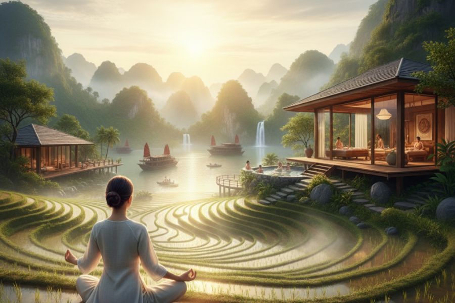 Hình ảnh đẹp về du lịch sức khỏe Việt Nam với cảnh quan thiên nhiên hùng vĩ, người phụ nữ thiền định giữa ruộng bậc thang và khu nghỉ dưỡng ven hồ, thể hiện tiềm năng du lịch wellness của Việt Nam.